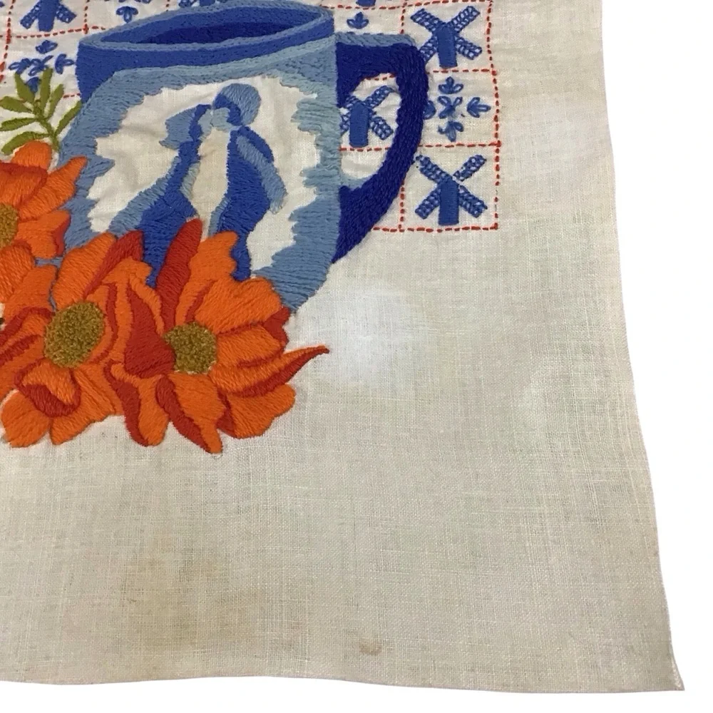 Vtg Embroidered Dutch Windmills Mug Picture Flowers Kissing Blue Orange White